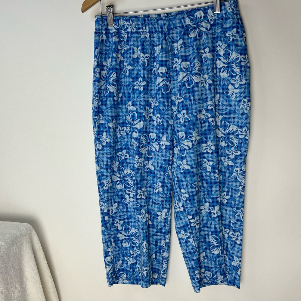 Lands' End Blue White Plaid Floral Capri Pants M/T 10-12 Resortwear Vacation
